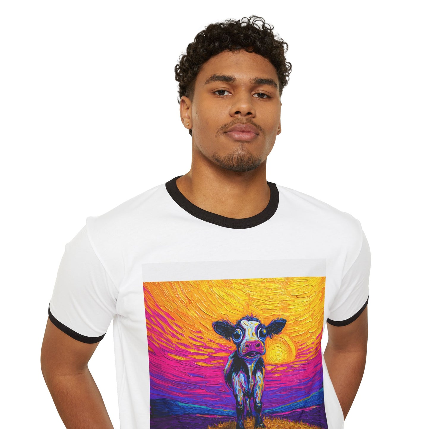 Vibrant Cow Sunset Ringer T-Shirt