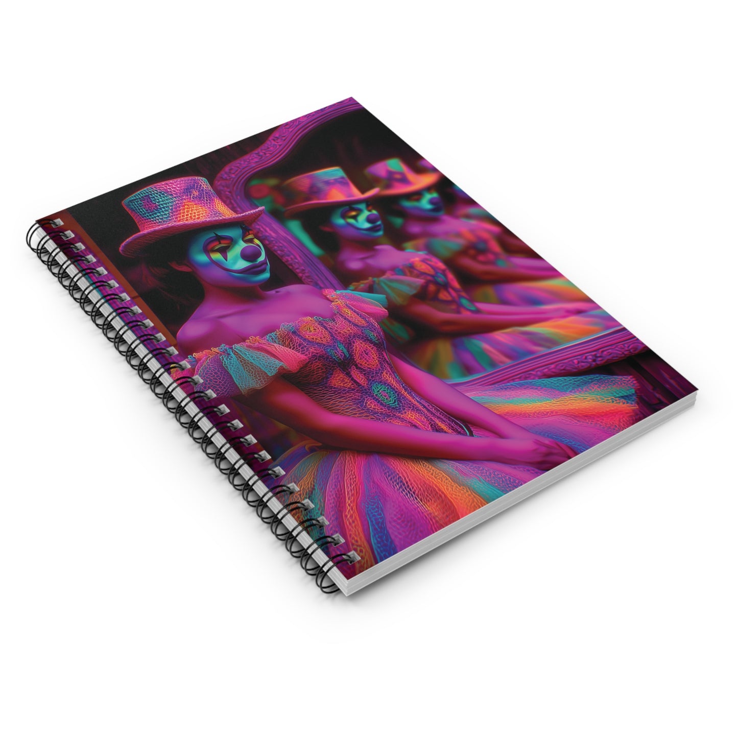 Trippy Clown in Mirrors Notebook – Bright Psychedelic Colors, Surreal Journal