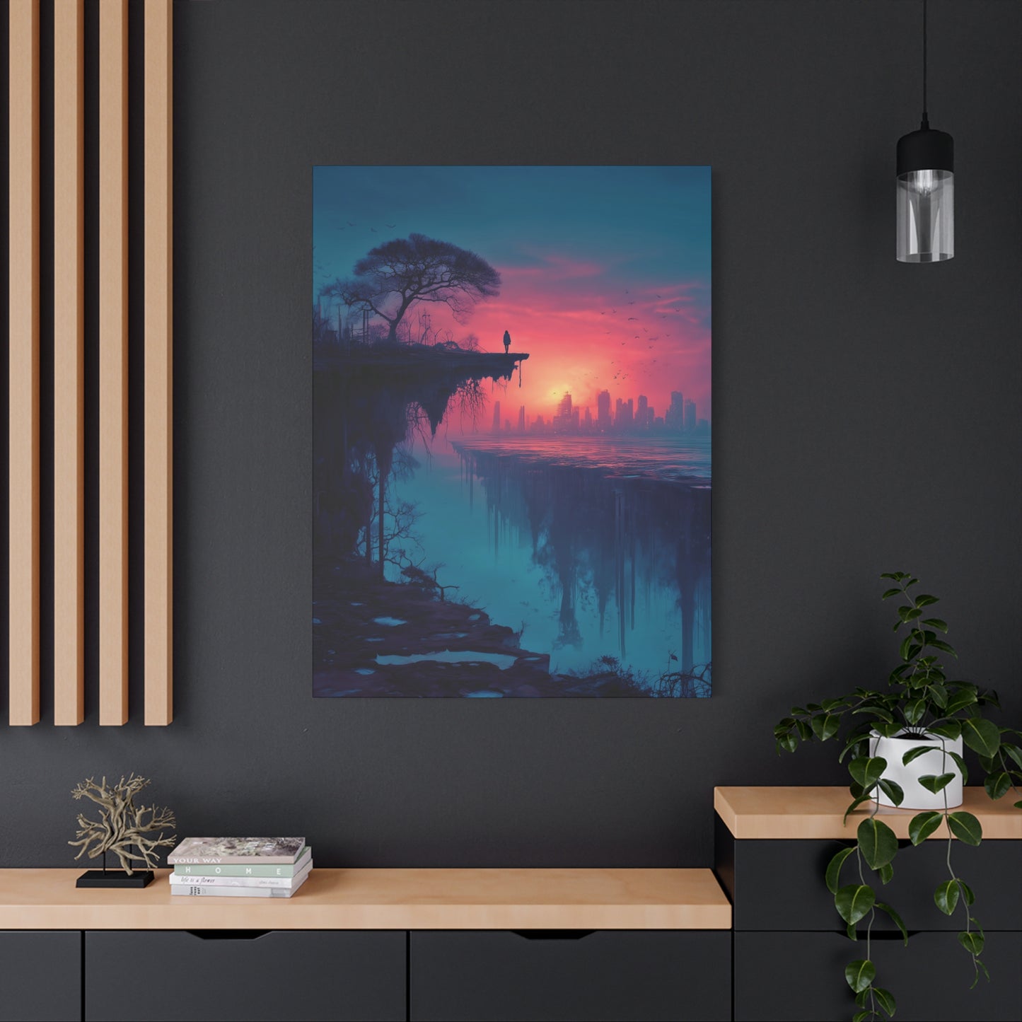 Surreal Rift and Cityscape Canvas – Atmospheric Isolation Wall Art