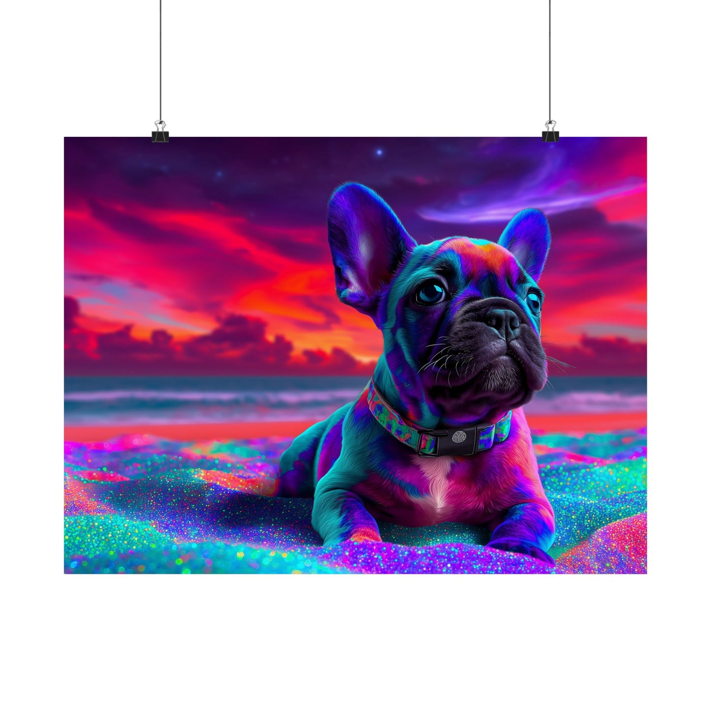 French Bulldog Poster – Cute Colorful Frenchie on Shimmering Sand, Dog Lover Poster