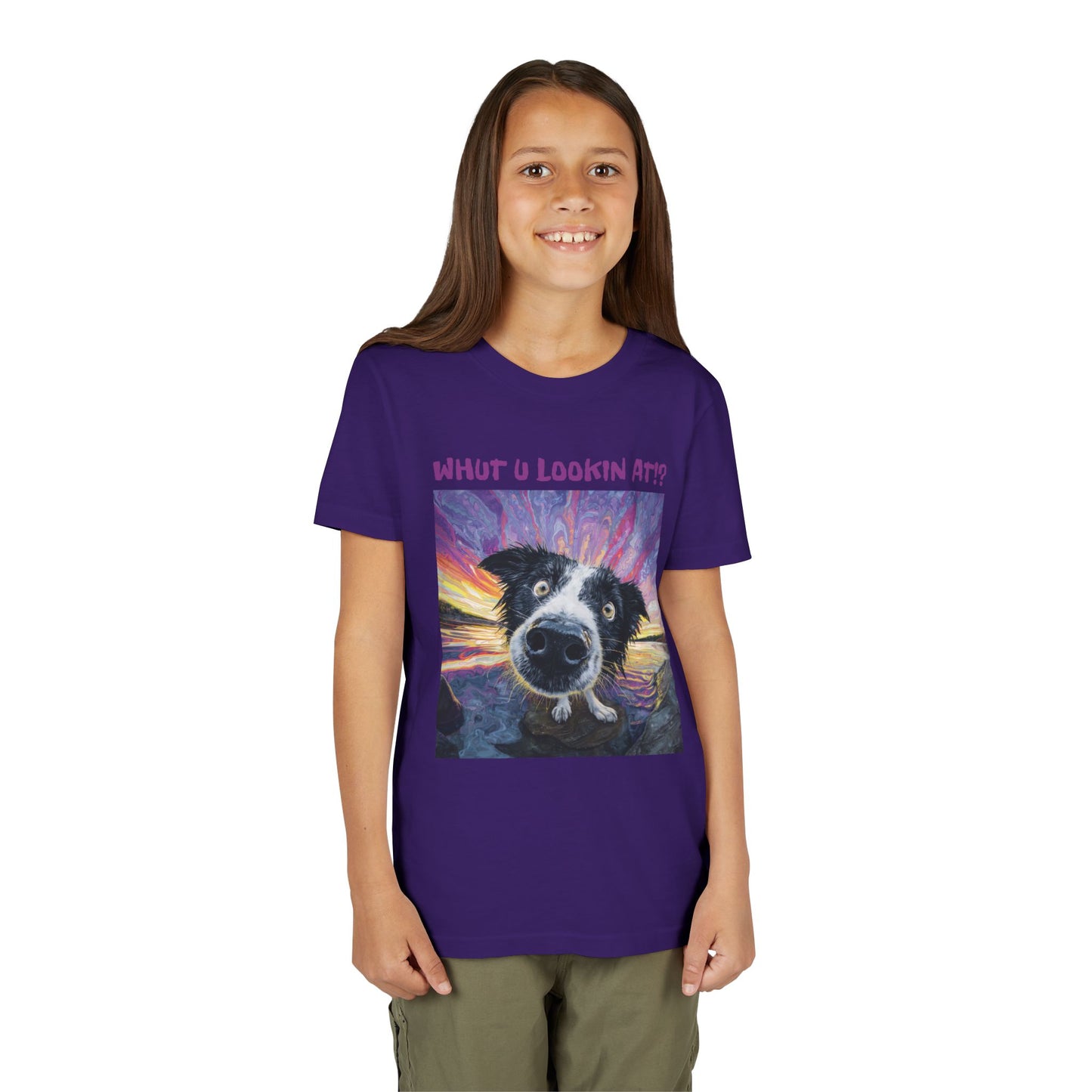 Whut U Lookin At!? Goofy Border Collie Sarcastic Youth Short Sleeve Tee