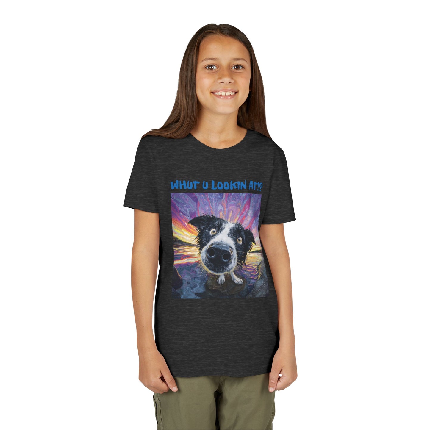 Whut U Lookin At!? Goofy Border Collie Sarcastic Youth Short Sleeve Tee