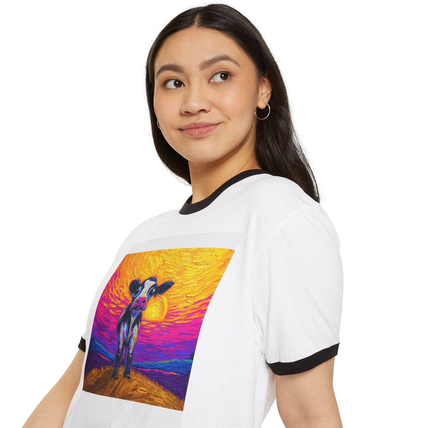 Vibrant Cow Sunset Ringer T-Shirt
