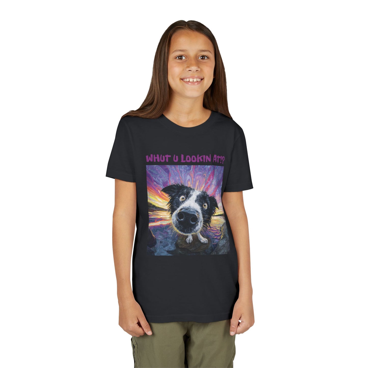 Whut U Lookin At!? Goofy Border Collie Sarcastic Youth Short Sleeve Tee