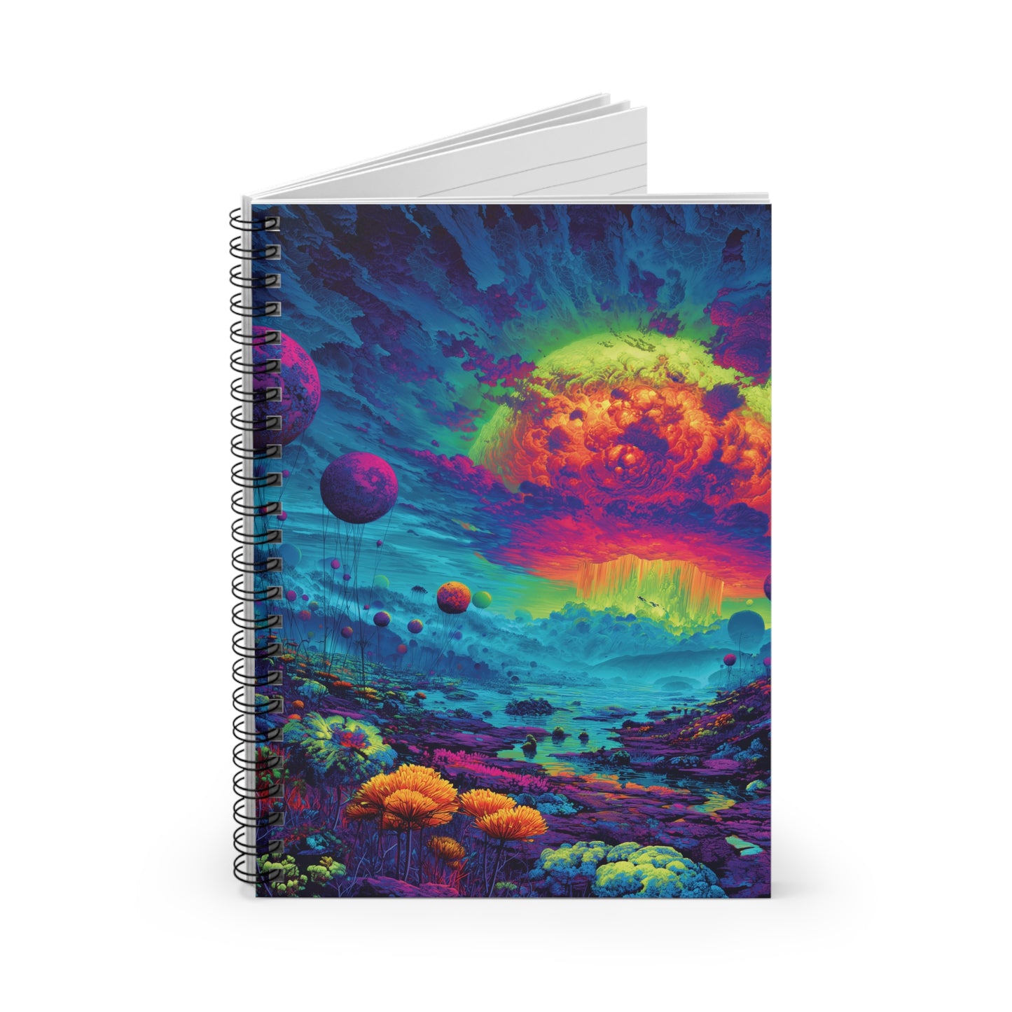 Cosmic Explosion Spiral Notebook – Trippy Vibrant Alien Landscape Journal