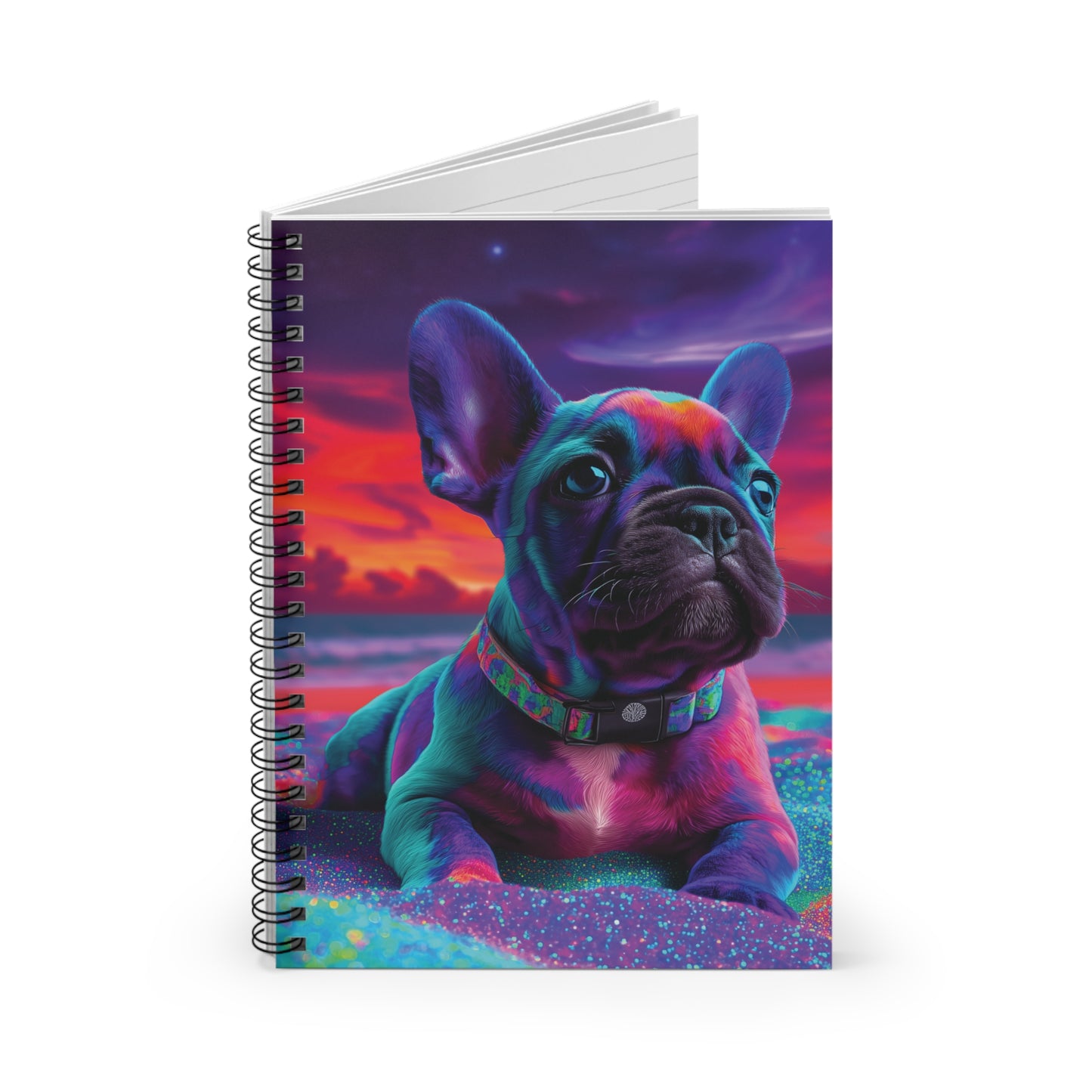 French Bulldog Spiral Notebook – Cute Colorful Frenchie on Shimmering Sand, Dog Lover Journal