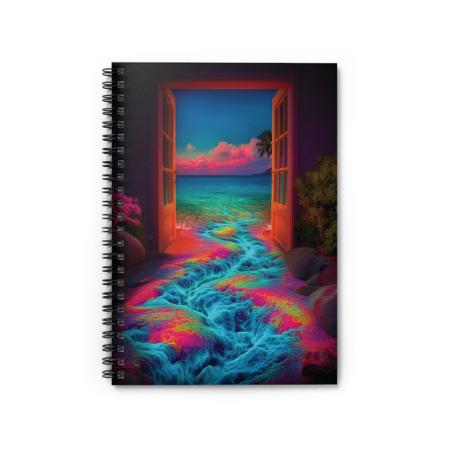 Trippy Dreamlogic Beach Scene Spiral Notebook – Surreal Double Doors & Waterfall Crevasse