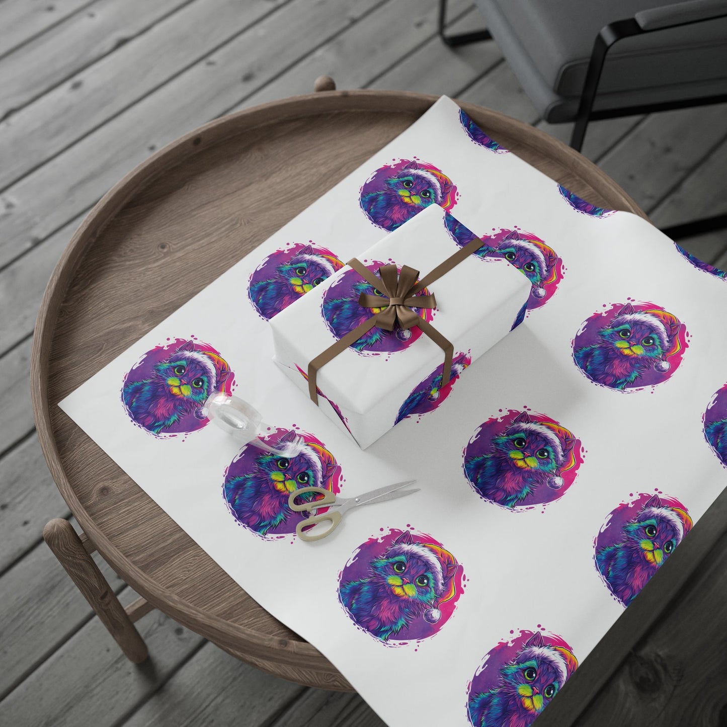 Christmas Wrapping Paper – Cute Kitten in Santa Hat, Colorful Holiday Gift Wrap
