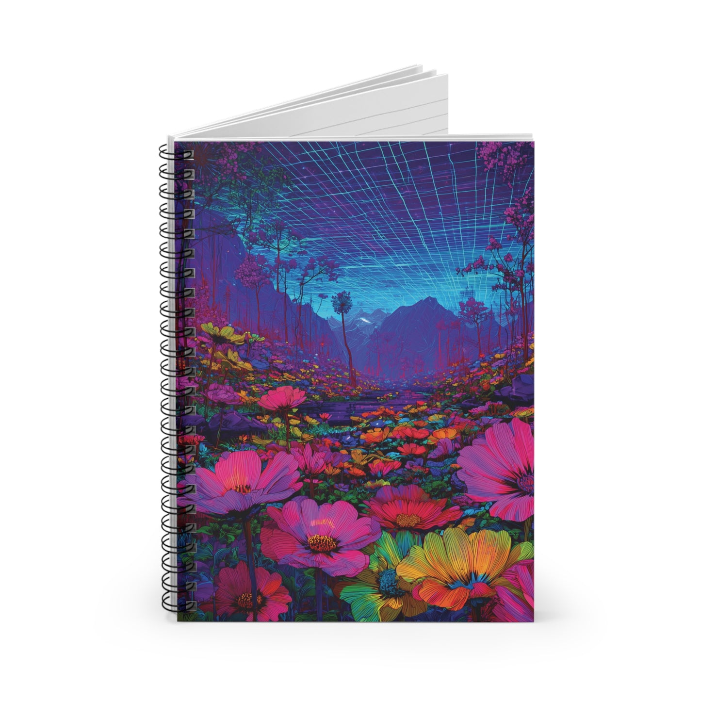 Vaporwave Meadow Spiral Notebook – Vibrant Flowers, Mountain Landscape with Surreal Grid Aesthetic