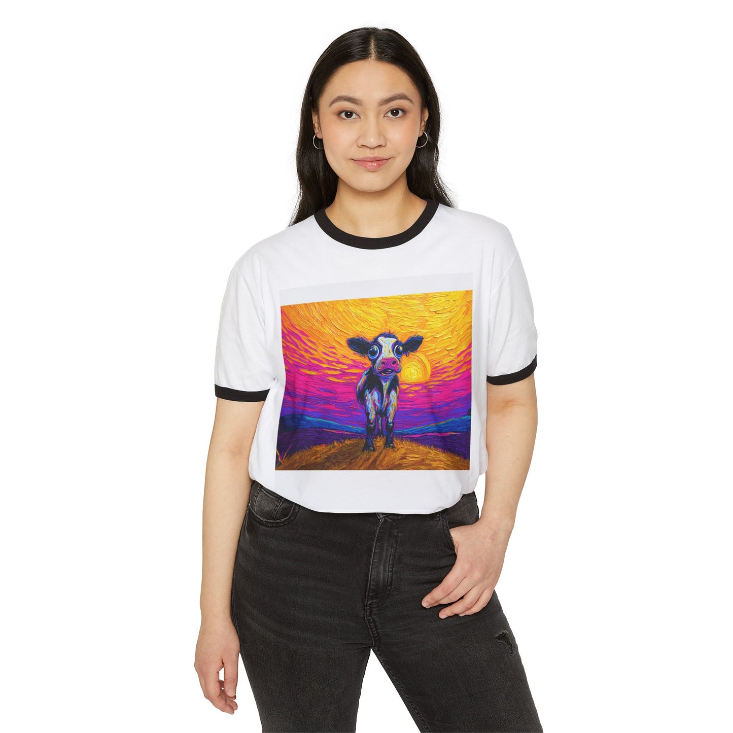 Vibrant Cow Sunset Ringer T-Shirt