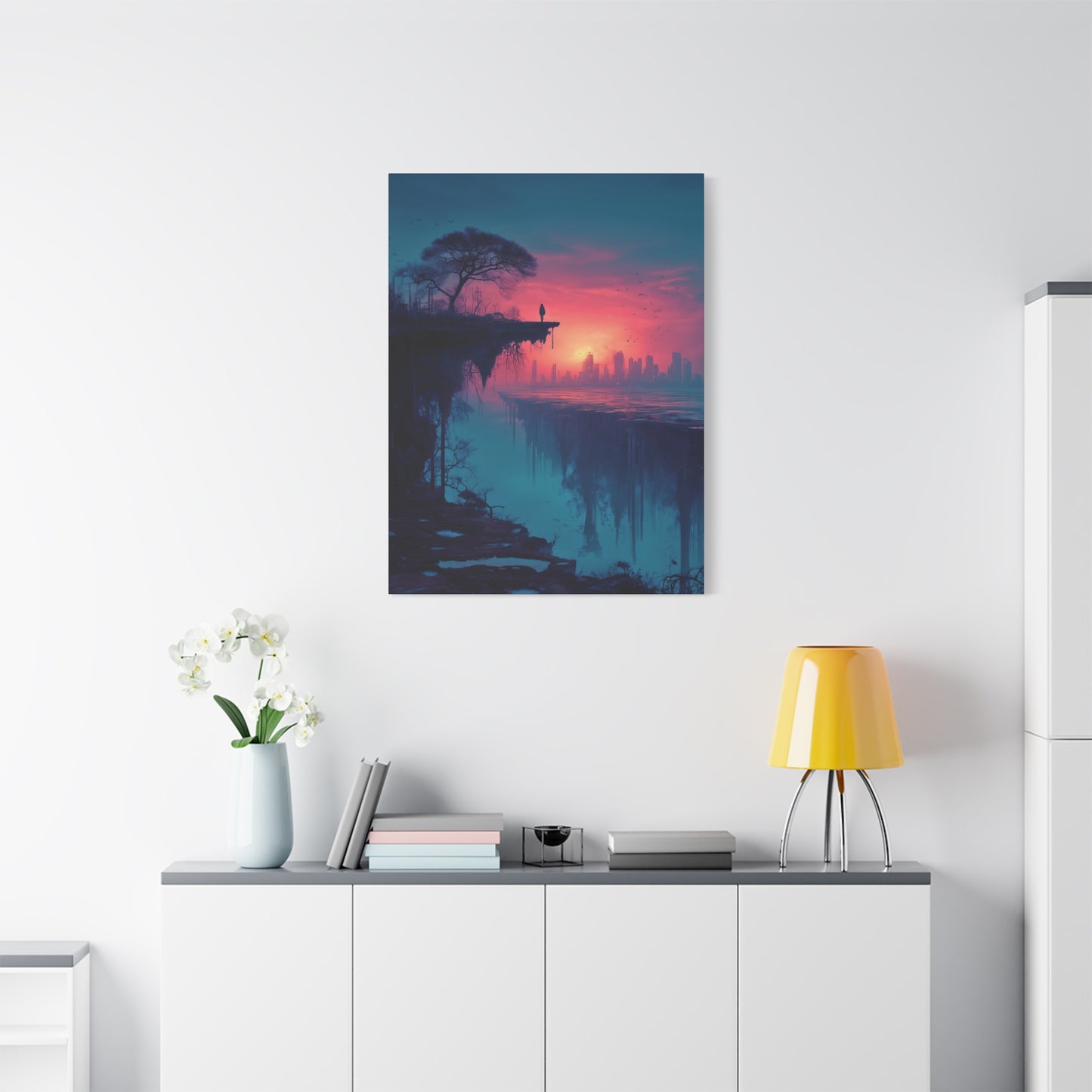 Surreal Rift and Cityscape Canvas – Atmospheric Isolation Wall Art