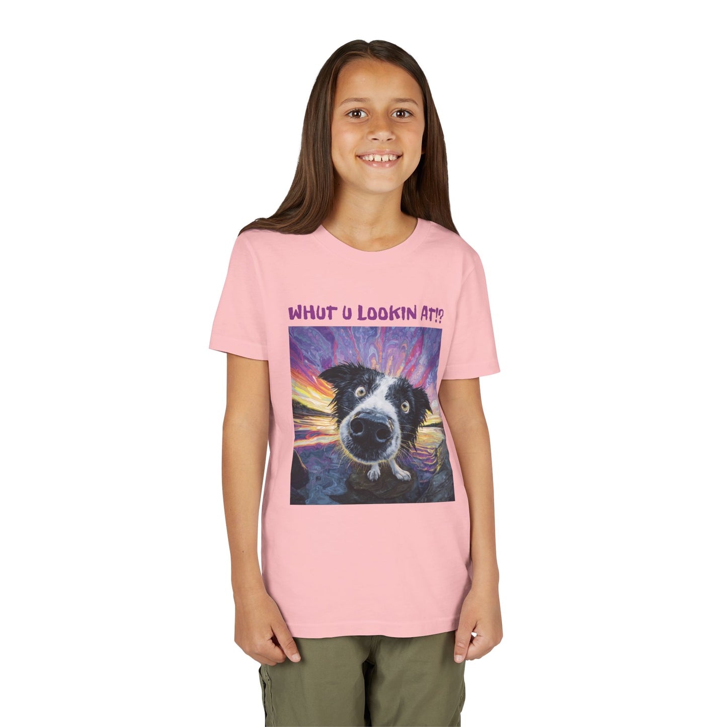 Whut U Lookin At!? Goofy Border Collie Sarcastic Youth Short Sleeve Tee