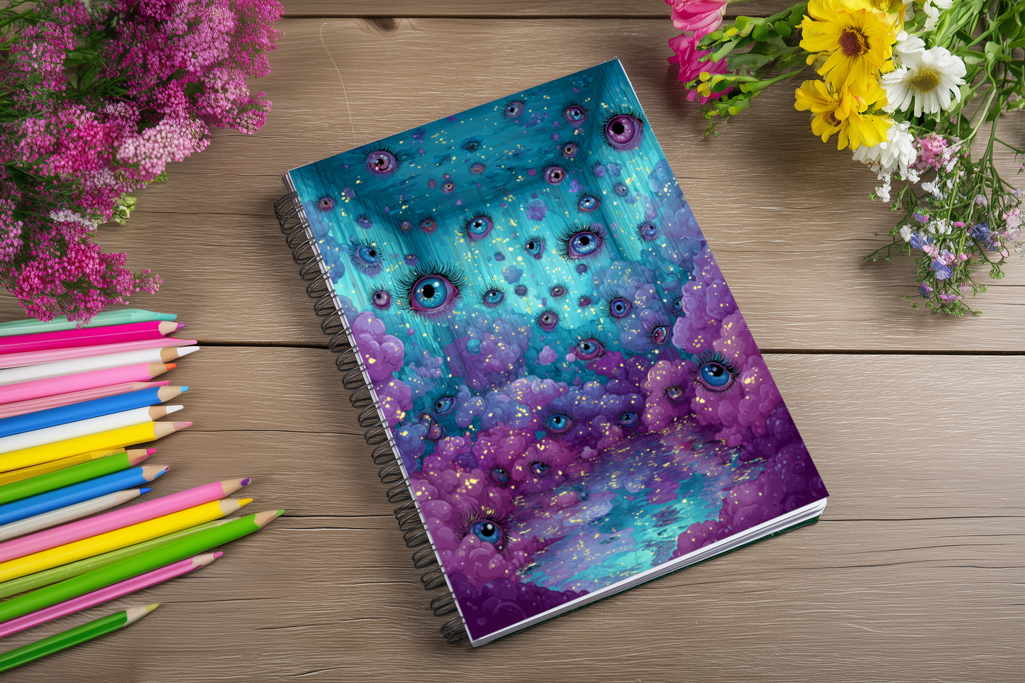 Surreal Hanging Eyes Spiral Notebook – Vivid Pastel Colors, Purple Clouds, Peaceful Dream Journal