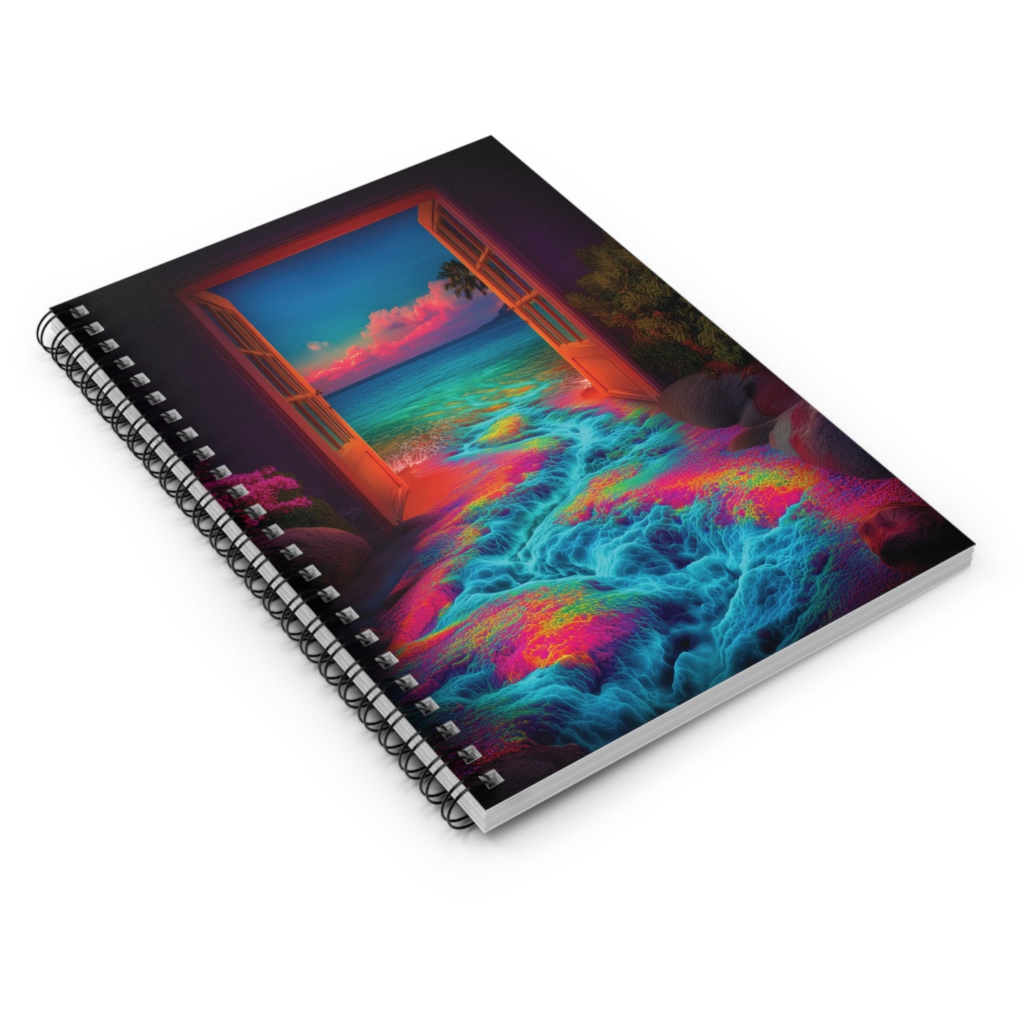 Trippy Dreamlogic Beach Scene Spiral Notebook – Surreal Double Doors & Waterfall Crevasse