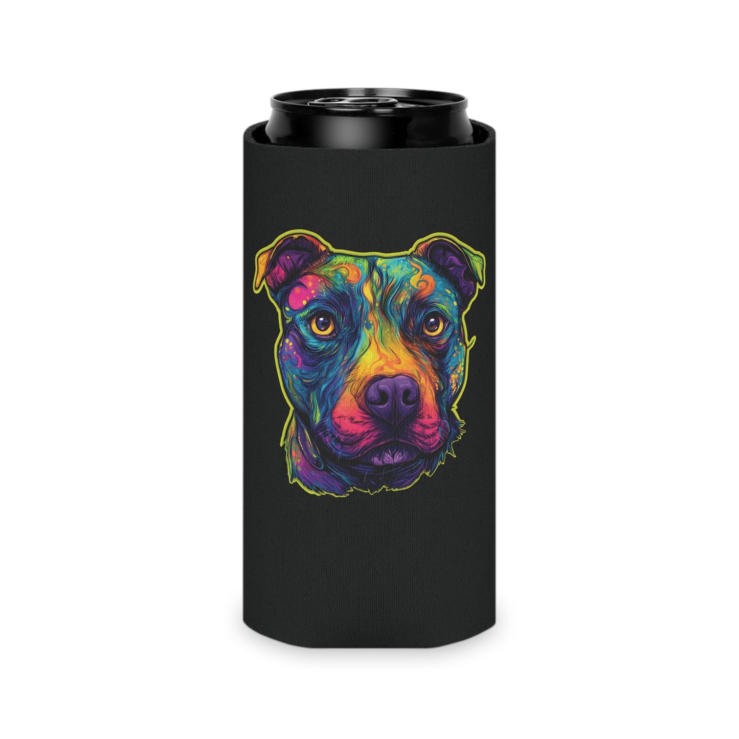 Trippy Pitbull Can Cooler | Psychedelic Dog Art & Neon Paw | SoulstainArt Pet Lover Drink Sleeve