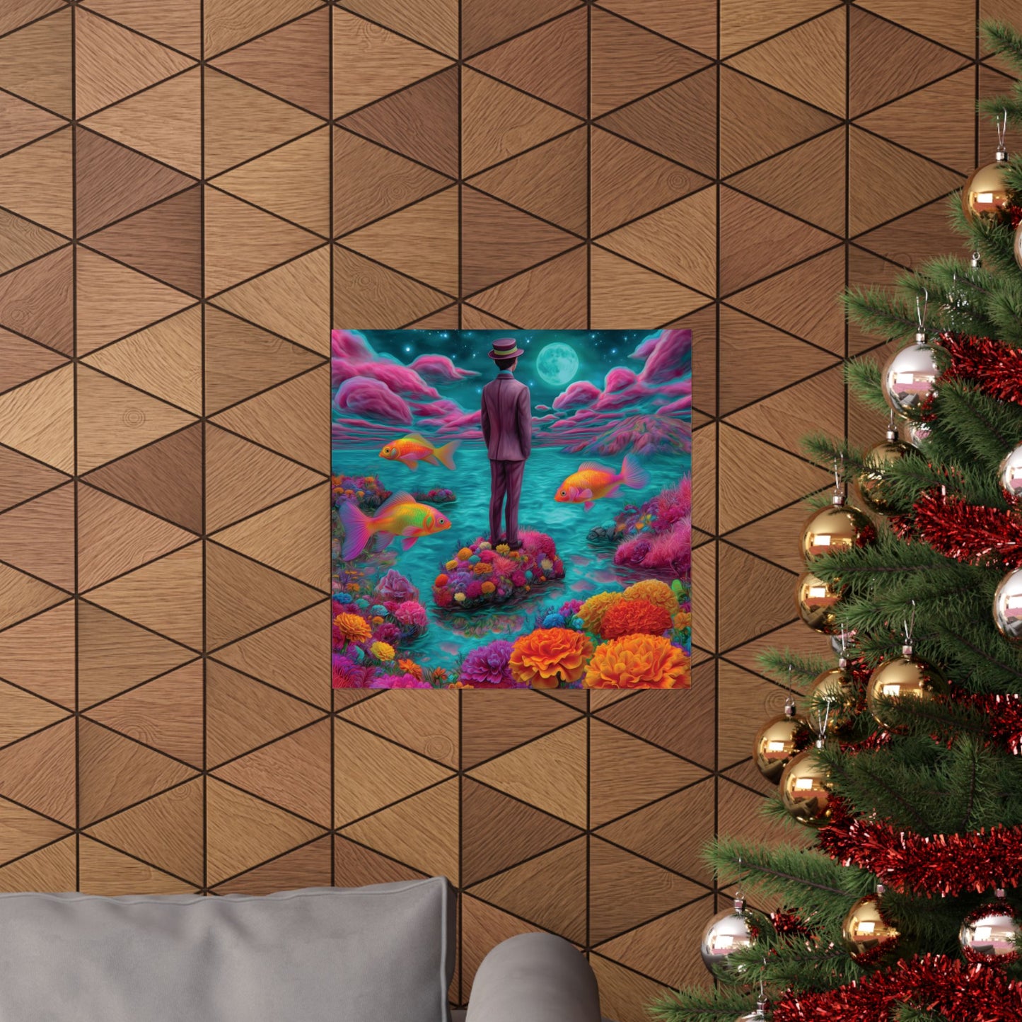 Dreamworld Poster – Floating Goldfish, Surreal Floral Scene