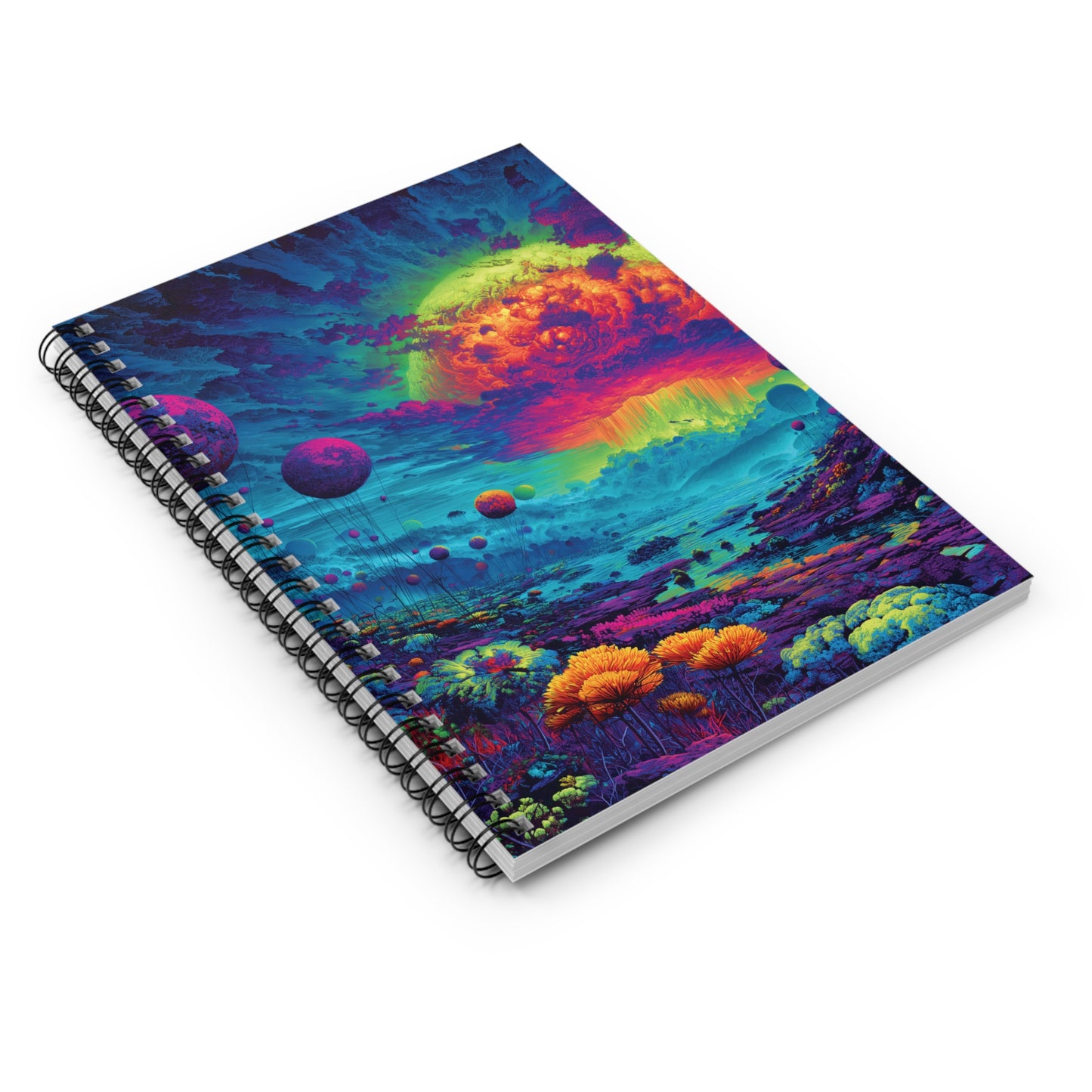 Cosmic Explosion Spiral Notebook – Trippy Vibrant Alien Landscape Journal