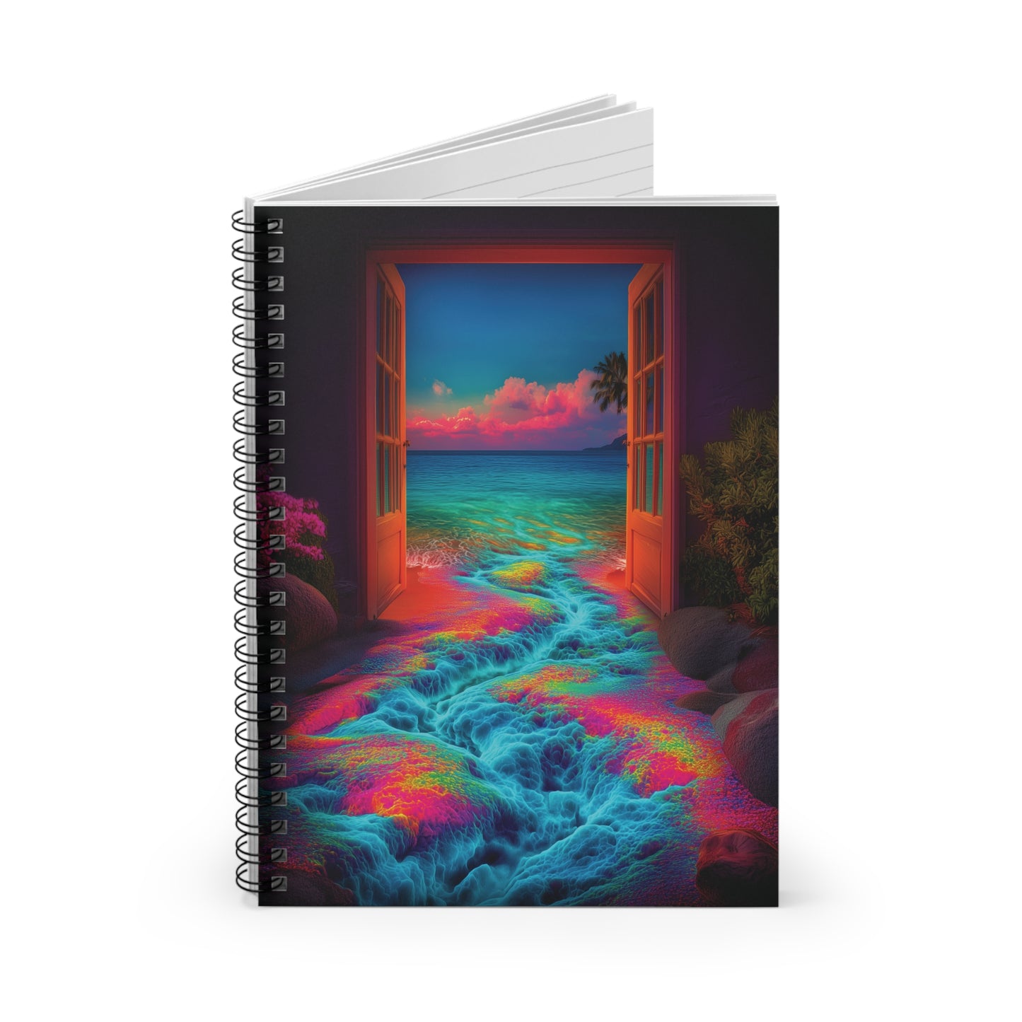 Trippy Dreamlogic Beach Scene Spiral Notebook – Surreal Double Doors & Waterfall Crevasse