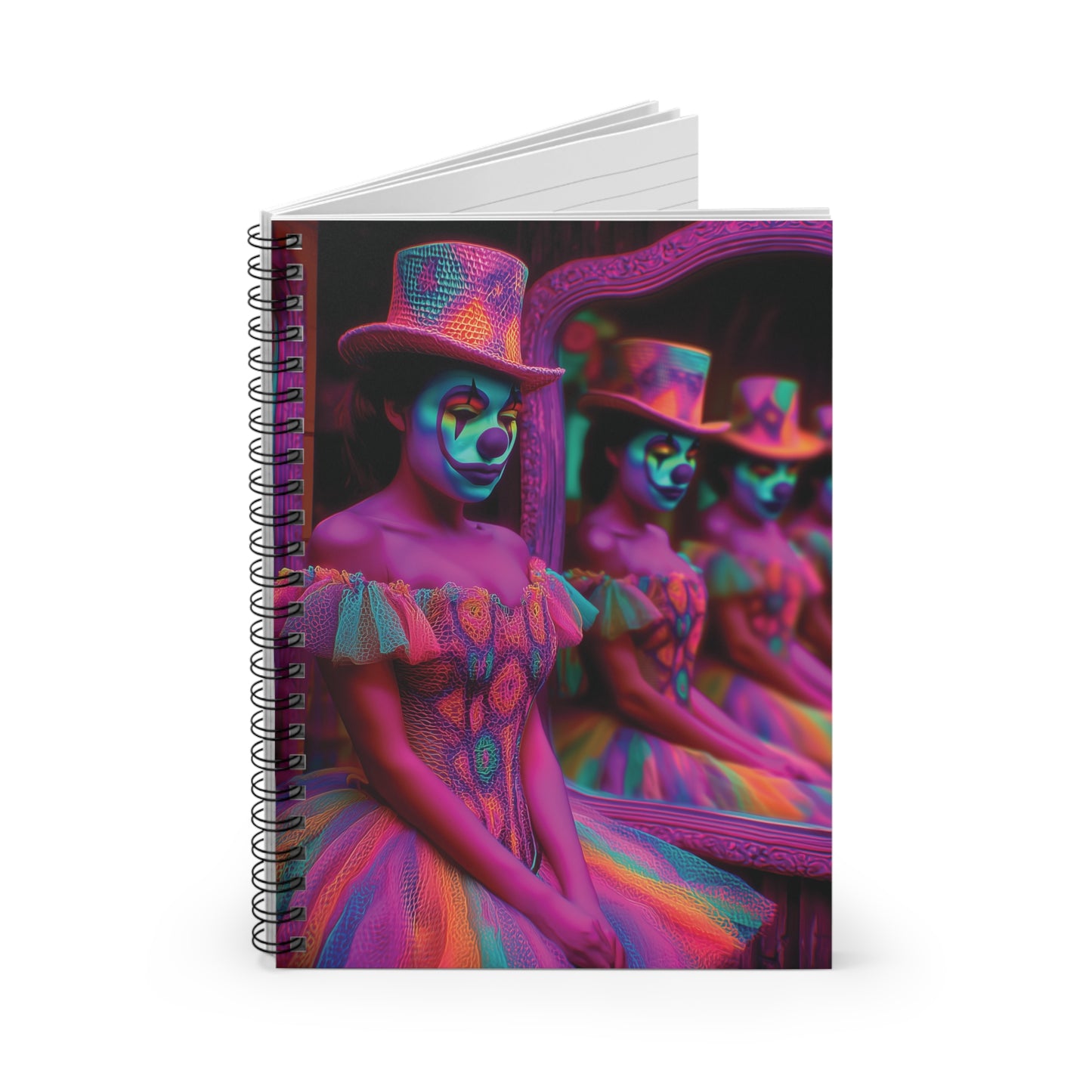 Trippy Clown in Mirrors Notebook – Bright Psychedelic Colors, Surreal Journal