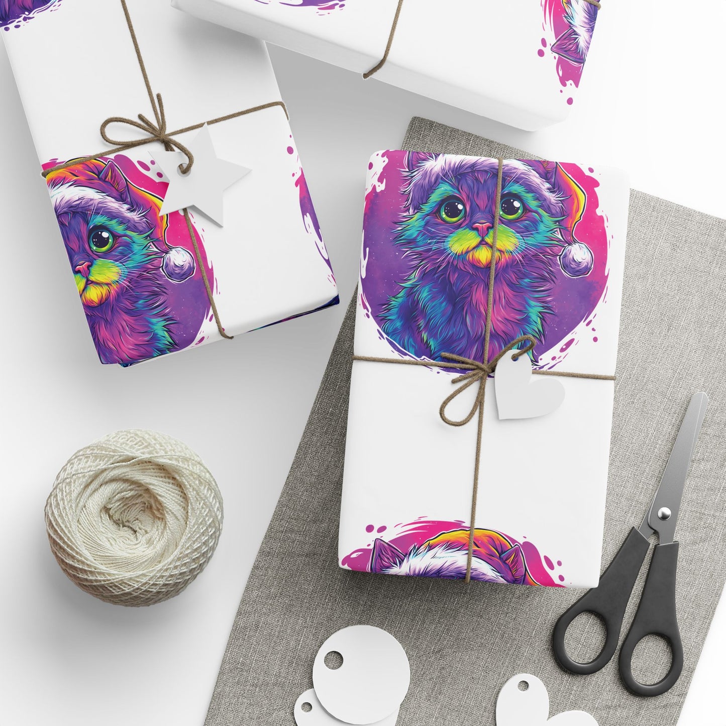 Christmas Wrapping Paper – Cute Kitten in Santa Hat, Colorful Holiday Gift Wrap
