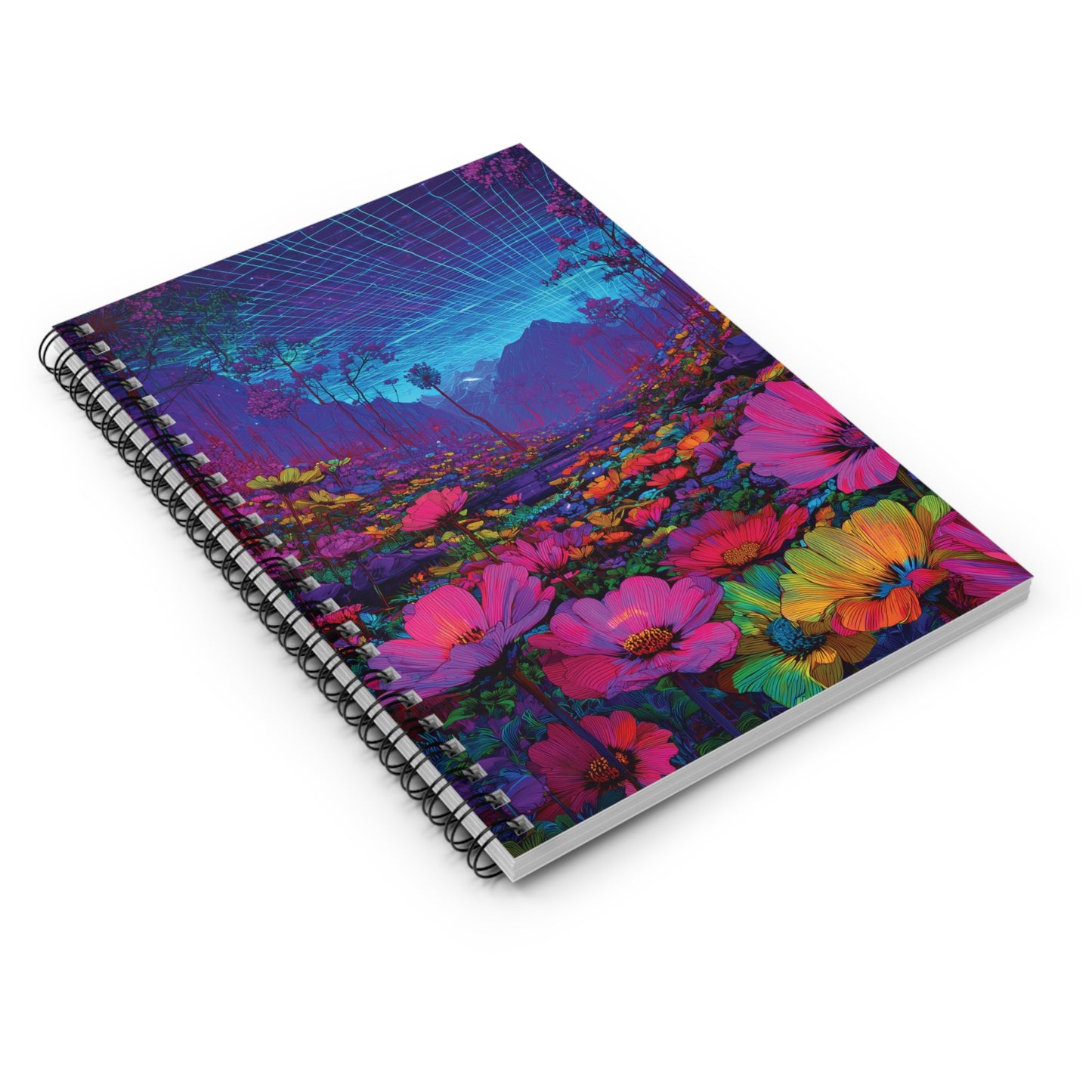 Vaporwave Meadow Spiral Notebook – Vibrant Flowers, Mountain Landscape with Surreal Grid Aesthetic