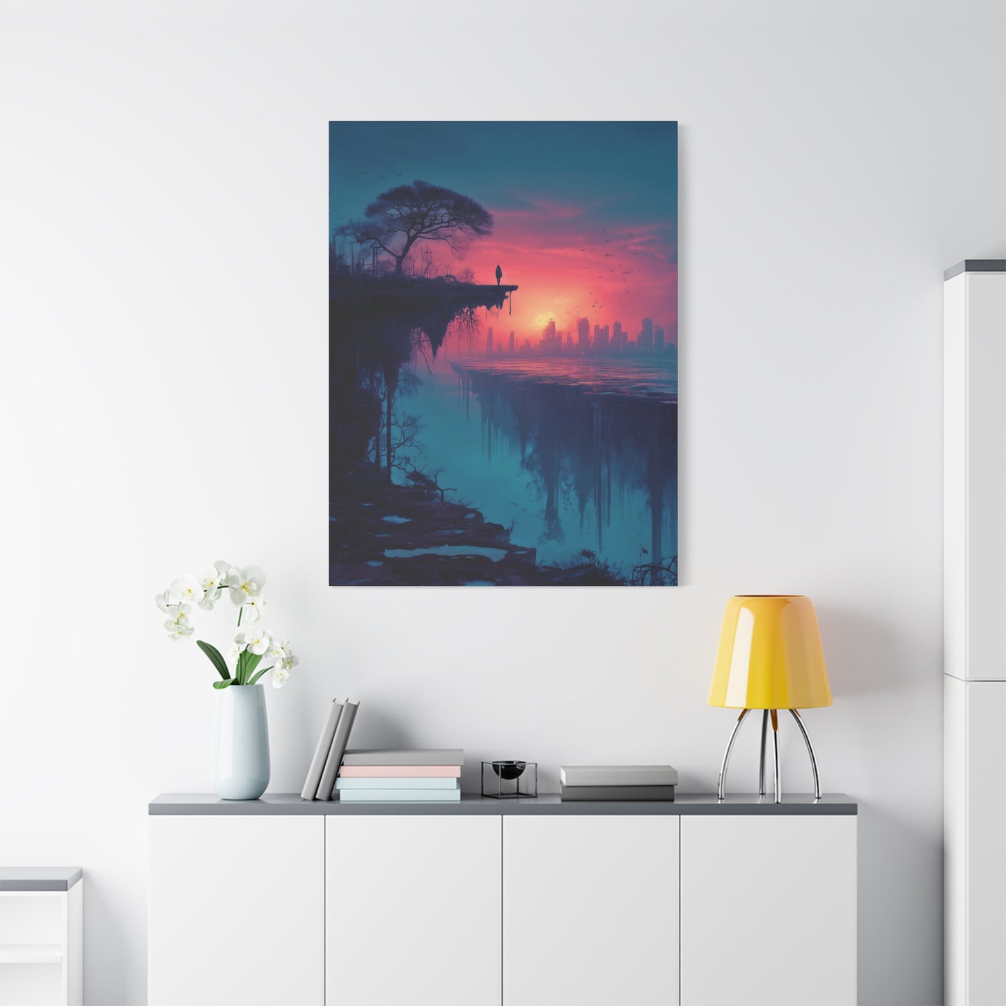 Surreal Rift and Cityscape Canvas – Atmospheric Isolation Wall Art