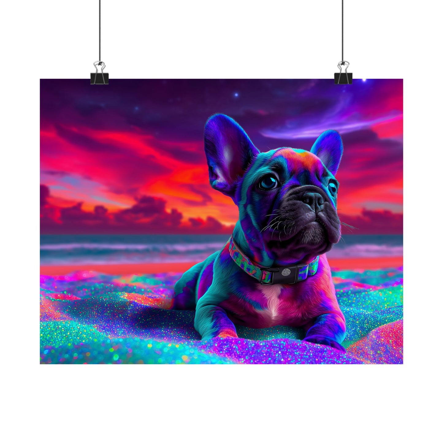French Bulldog Poster – Cute Colorful Frenchie on Shimmering Sand, Dog Lover Poster