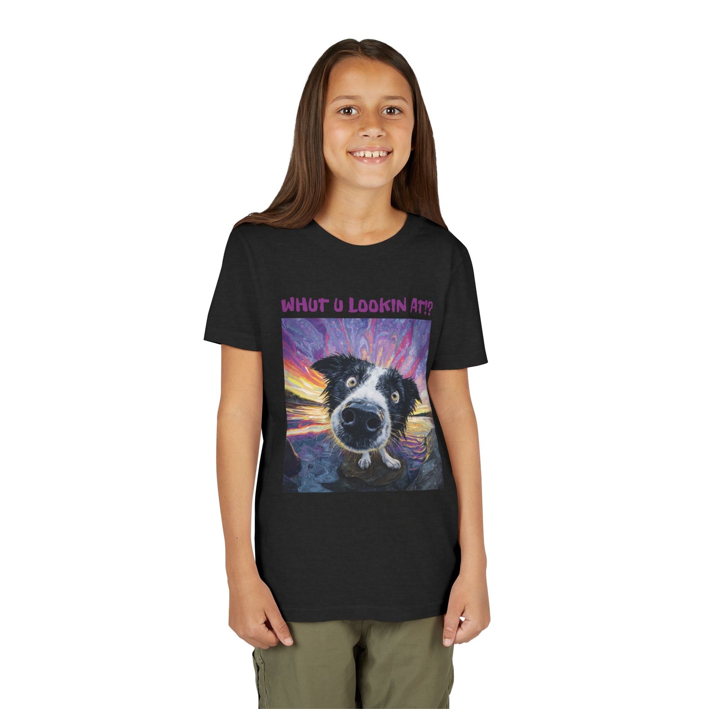Whut U Lookin At!? Goofy Border Collie Sarcastic Youth Short Sleeve Tee