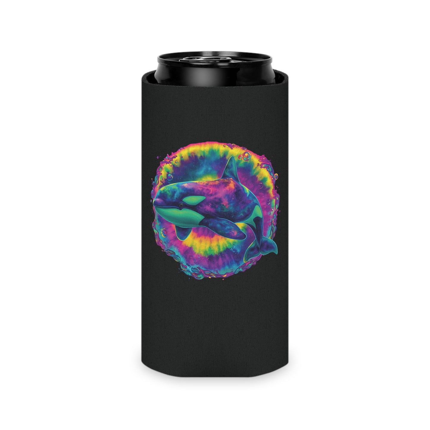 Psychedelic Orca Can Cooler | Trippy Whale & Neon Starfish | SoulstainArt Oceancore Drink Holder