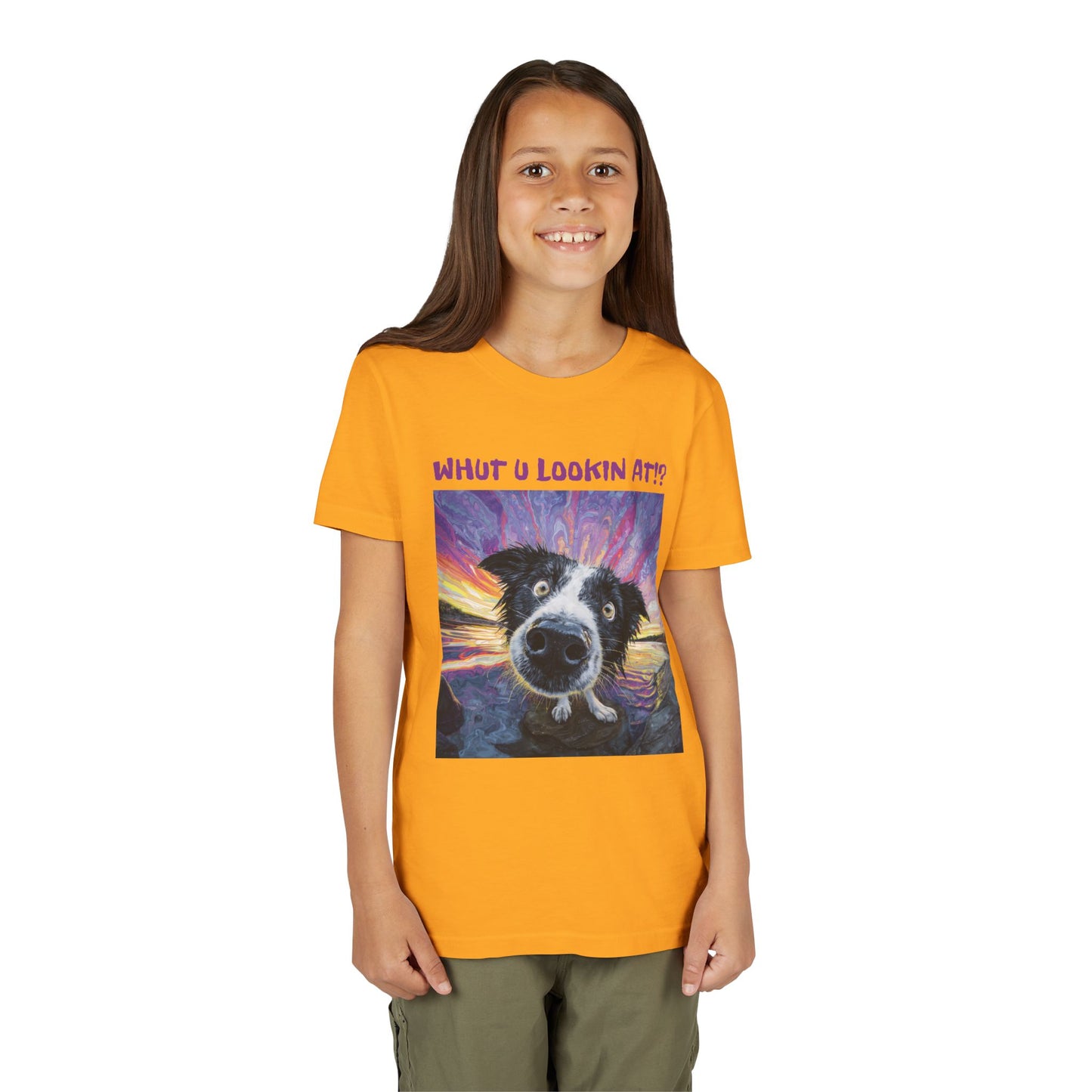 Whut U Lookin At!? Goofy Border Collie Sarcastic Youth Short Sleeve Tee
