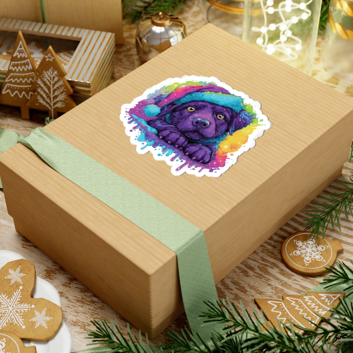 Cute Christmas Puppy Sticker – Deep Purple Festive Dog Kiss-Cut Decal