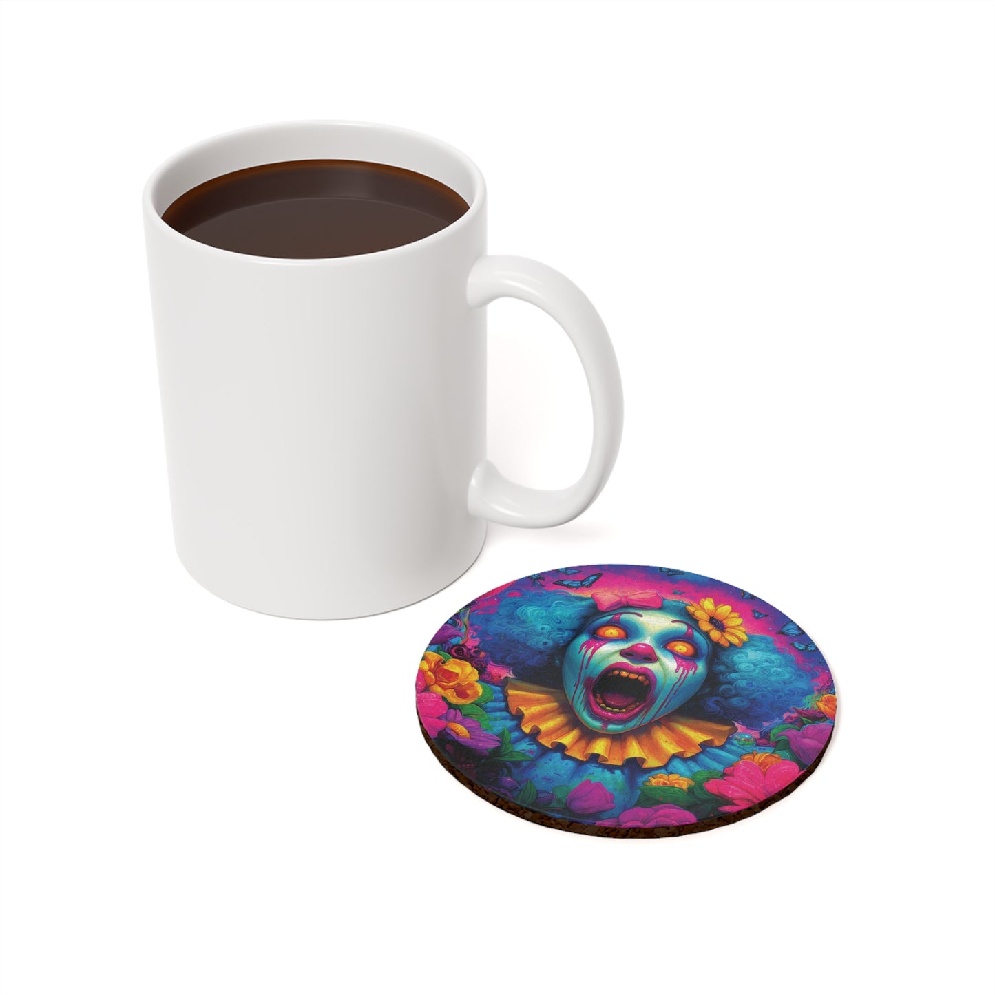 Surreal Clown Cork Back Coaster, Unique Gift for Halloween Decor, Scary Drinkware, Horror Themed Party Supply, Funky Art Coasters