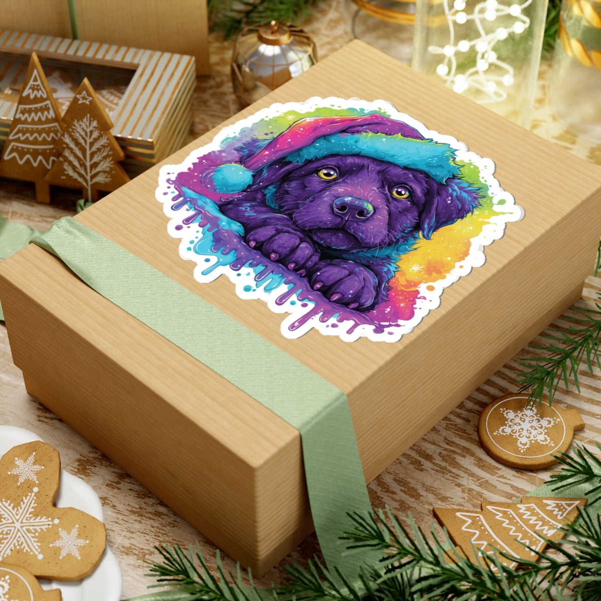 Cute Christmas Puppy Sticker – Deep Purple Festive Dog Kiss-Cut Decal