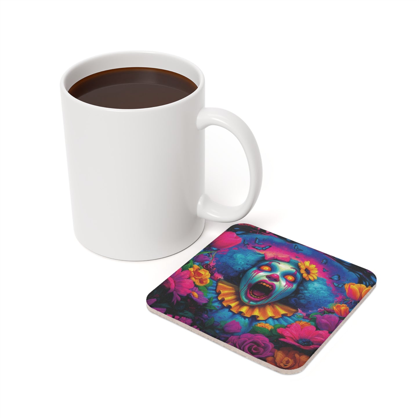 Surreal Clown Cork Back Coaster, Unique Gift for Halloween Decor, Scary Drinkware, Horror Themed Party Supply, Funky Art Coasters