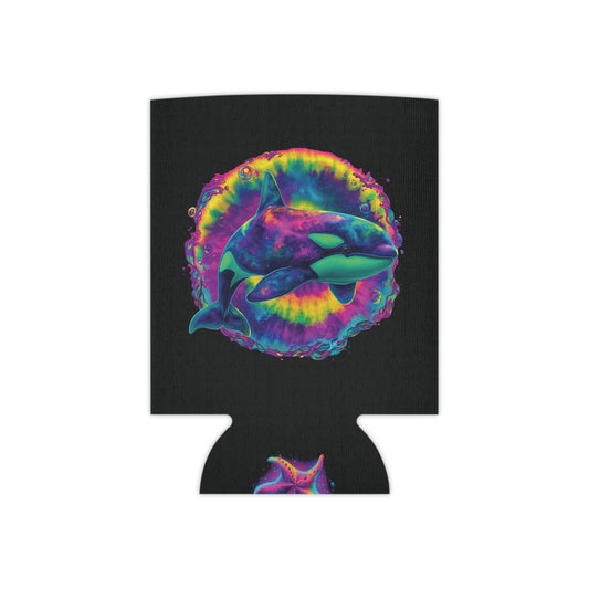 Psychedelic Orca Can Cooler | Trippy Whale & Neon Starfish | SoulstainArt Oceancore Drink Holder