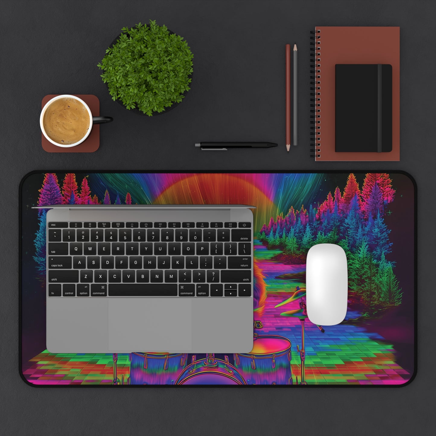 Psychedelic Raccoon Drummer Desk Mat – Trippy Gaming & Office Art Pad, Vibrant Cosmic Vibes