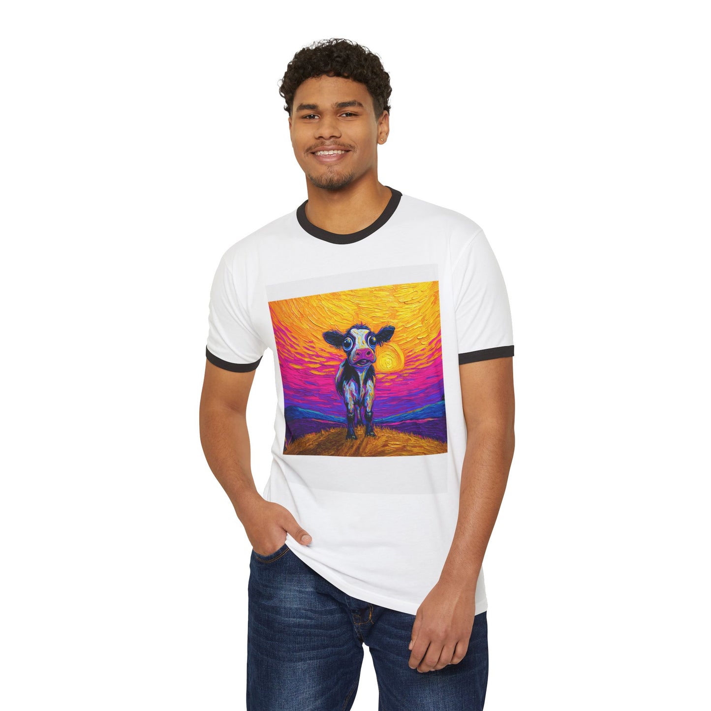 Vibrant Cow Sunset Ringer T-Shirt