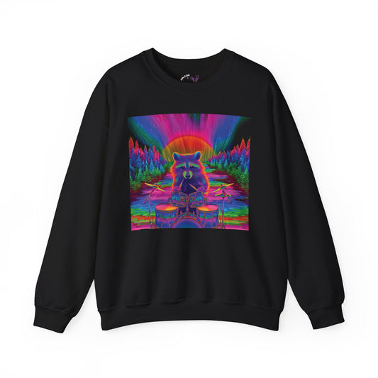 Psychedelic Raccoon Sweatshirt, Unisex Crewneck, Cozy Festival Attire, Perfect Gift for Music Lovers, Colorful Drummer Crew