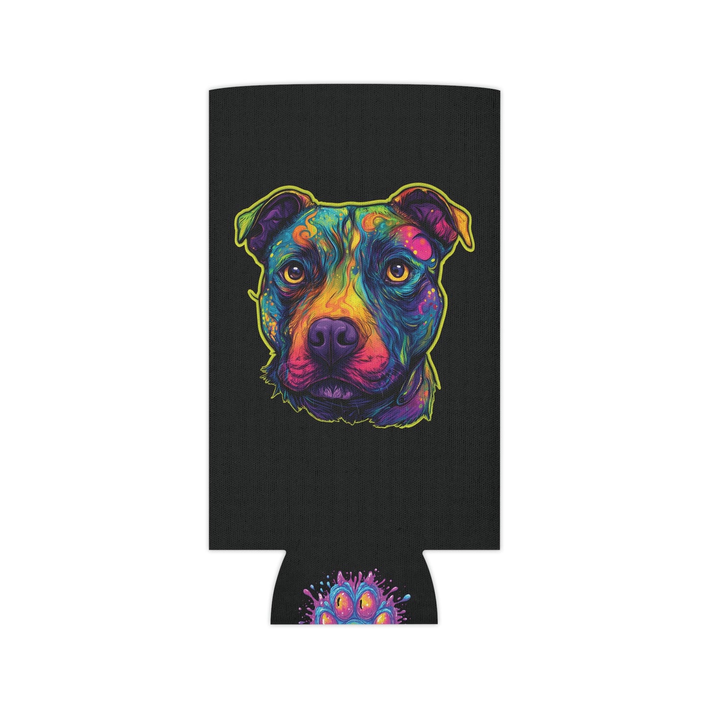 Trippy Pitbull Can Cooler | Psychedelic Dog Art & Neon Paw | SoulstainArt Pet Lover Drink Sleeve