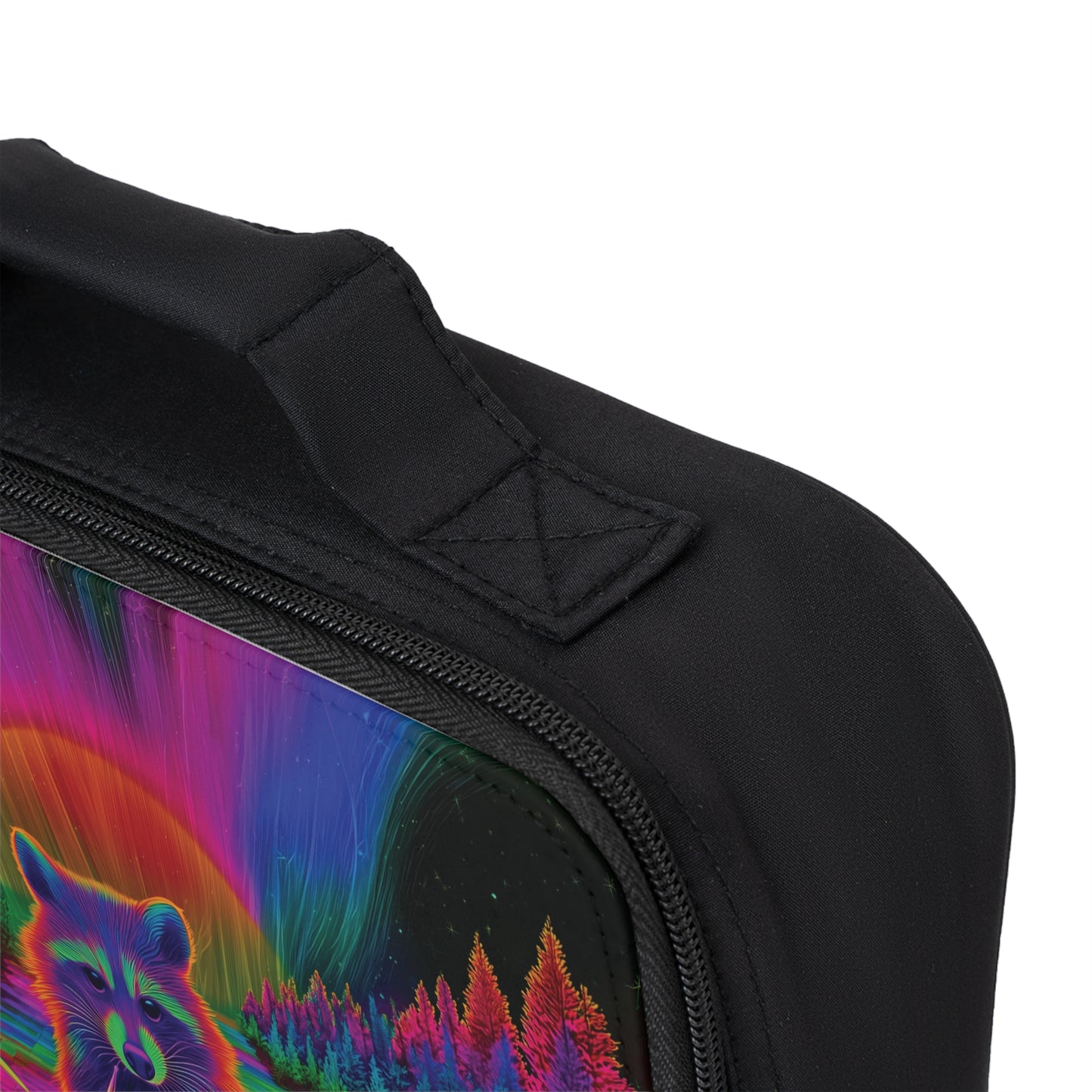 Trippy Raccoon Drummer Lunch Tote – Vibrant Festival Art Bag, Cosmic Music Vibes