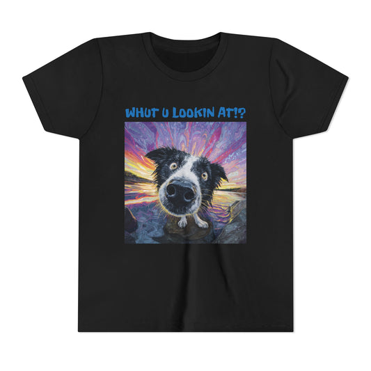 Whut U Lookin At!? Goofy Border Collie Sarcastic Youth Short Sleeve Tee