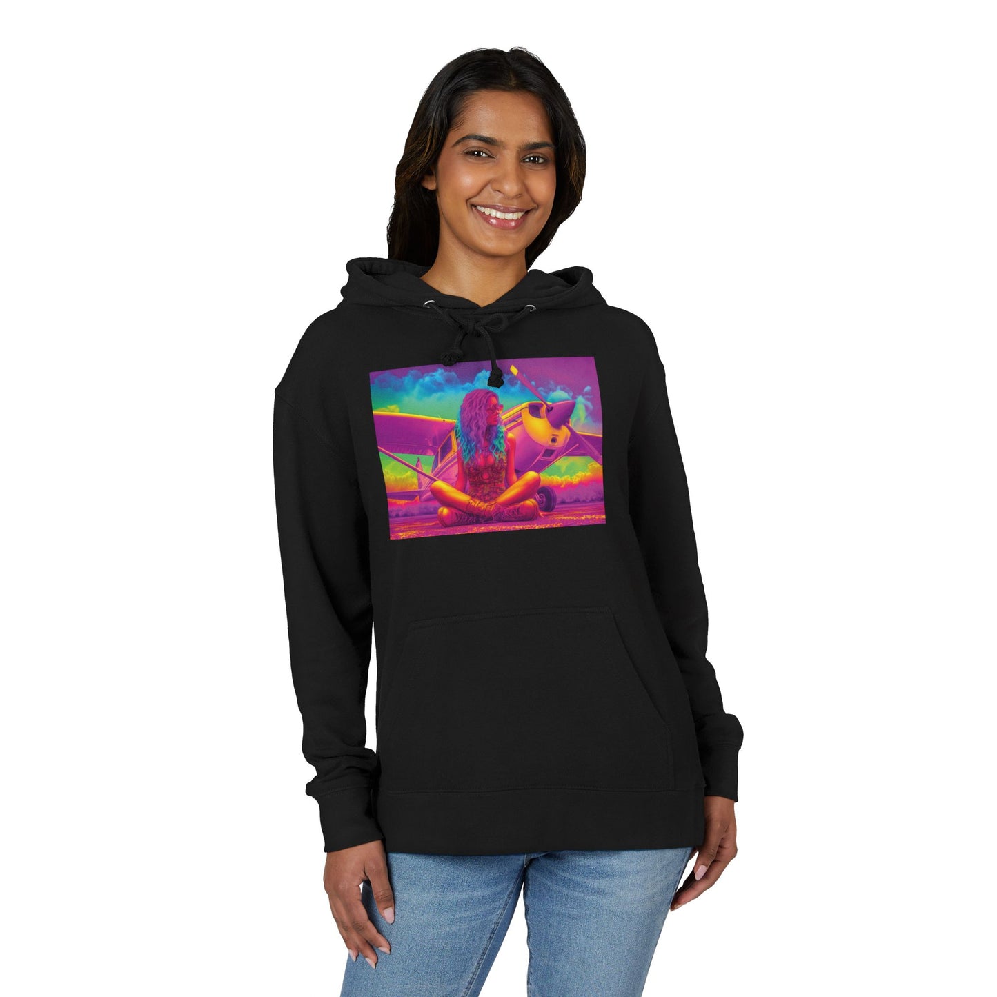 Psychedelic Plane Babe Hoodie – Neon Pink Sky Aesthetic Unisex Sweatshirt, Trippy Aviation Art