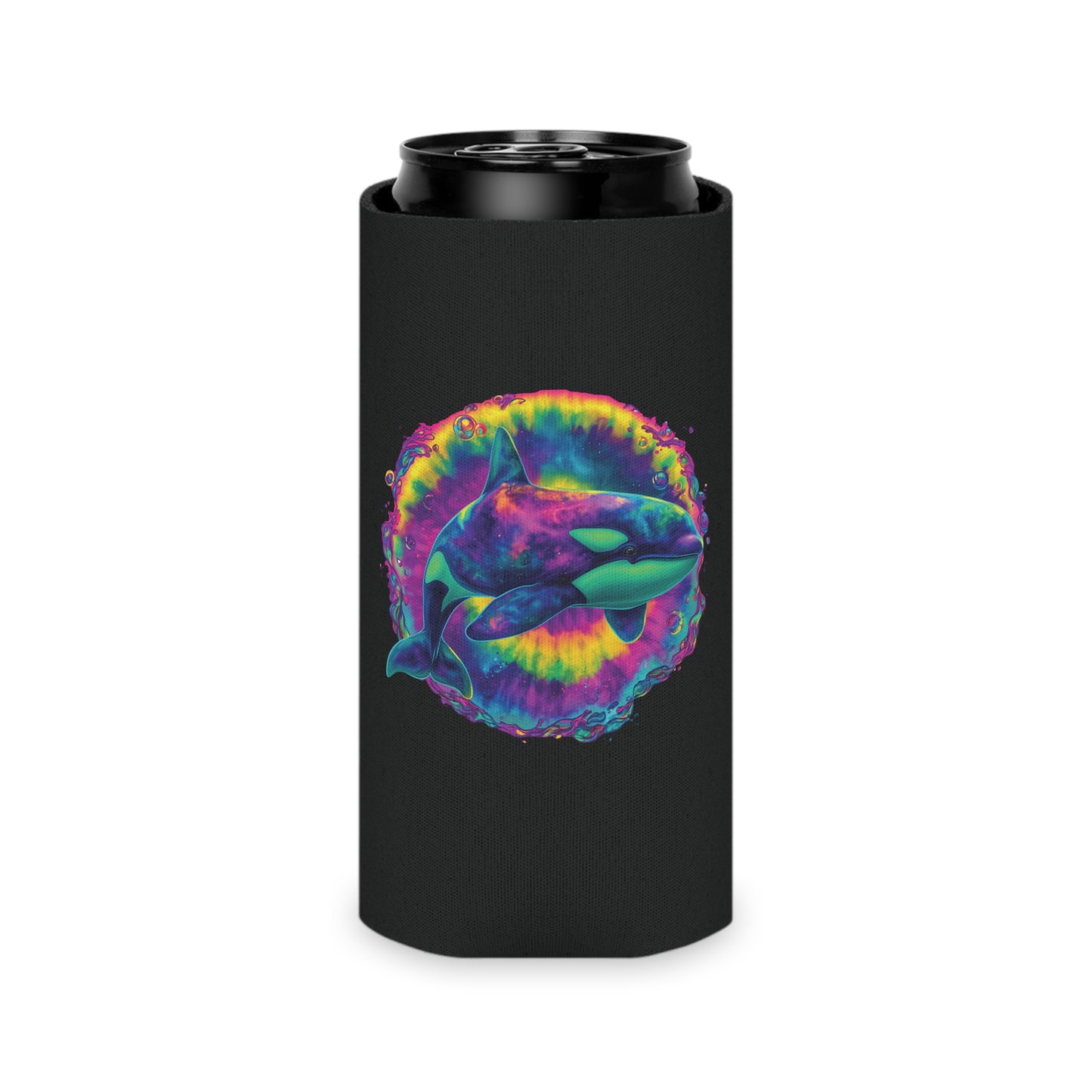 Psychedelic Orca Can Cooler | Trippy Whale & Neon Starfish | SoulstainArt Oceancore Drink Holder