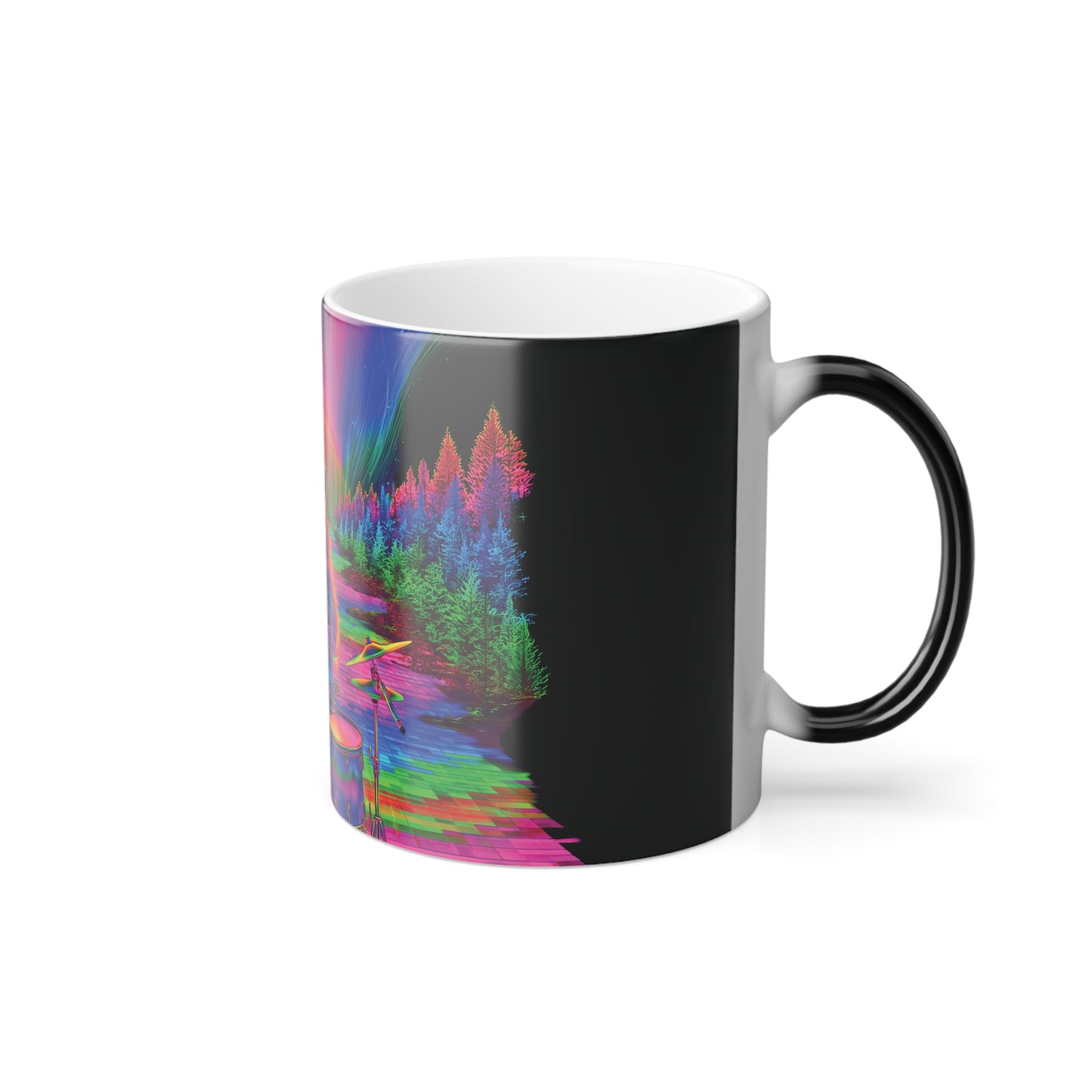 11oz Color Changing Mug – Trippy Raccoon Drummer | Psychedelic Animal Art, Heat Reveal Mug, Cosmic Groove Vibes
