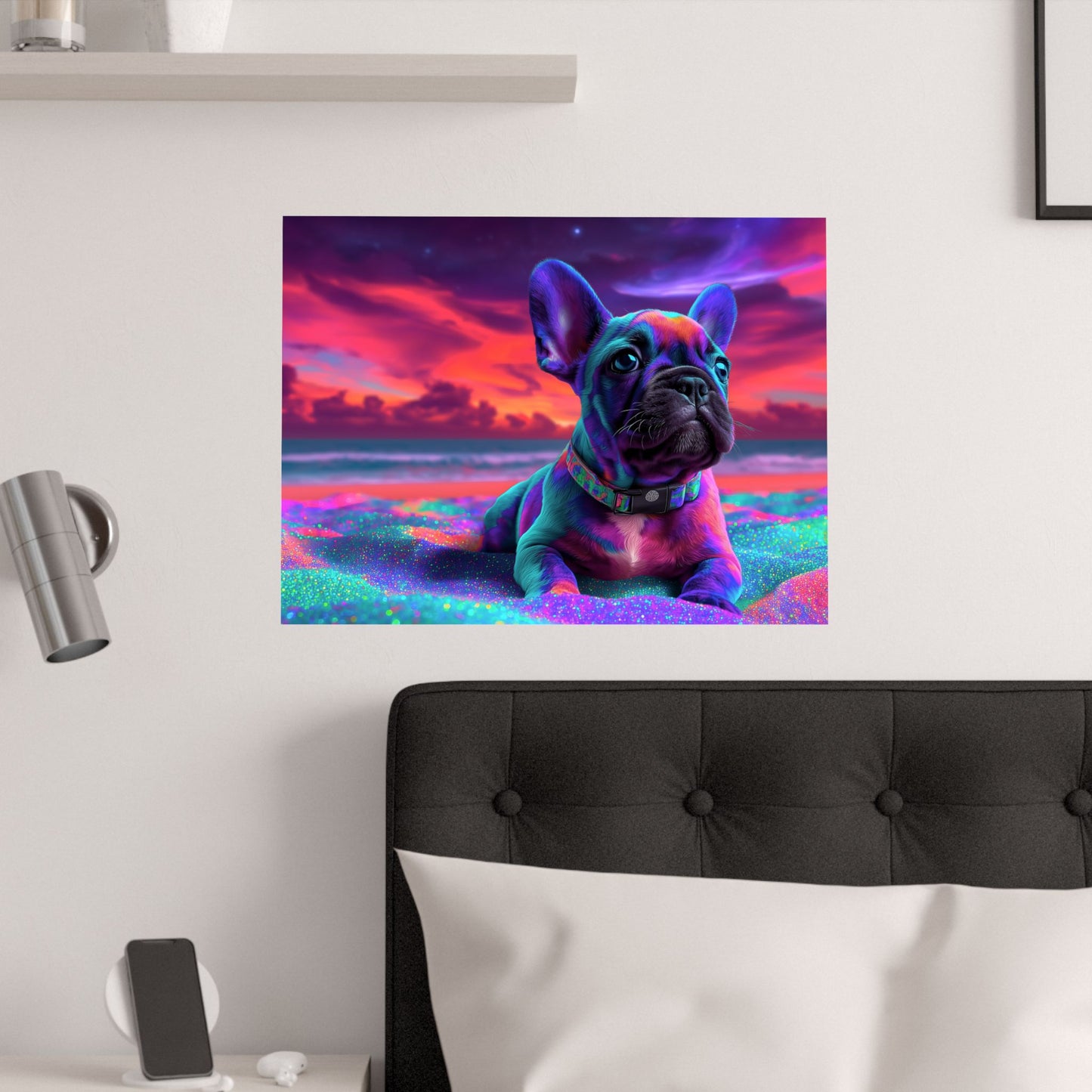 French Bulldog Poster – Cute Colorful Frenchie on Shimmering Sand, Dog Lover Poster