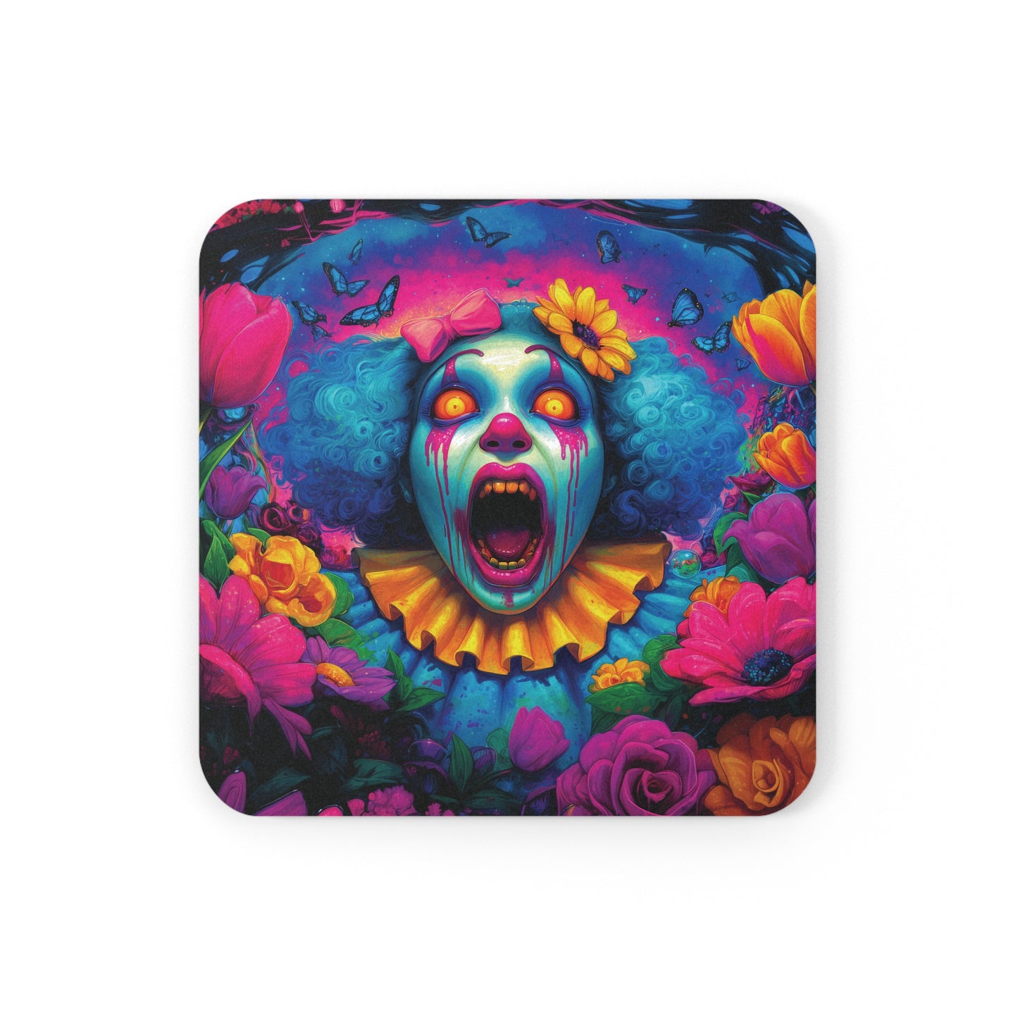 Surreal Clown Cork Back Coaster, Unique Gift for Halloween Decor, Scary Drinkware, Horror Themed Party Supply, Funky Art Coasters