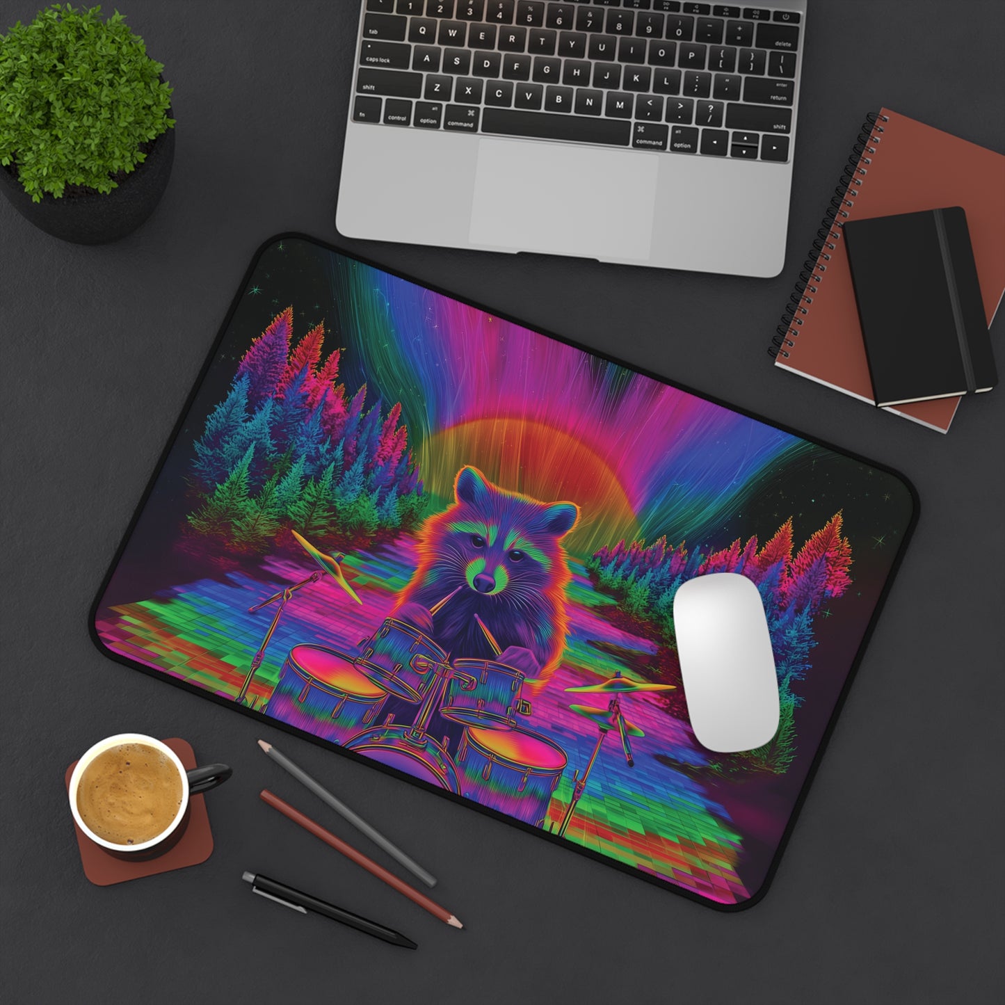 Psychedelic Raccoon Drummer Desk Mat – Trippy Gaming & Office Art Pad, Vibrant Cosmic Vibes