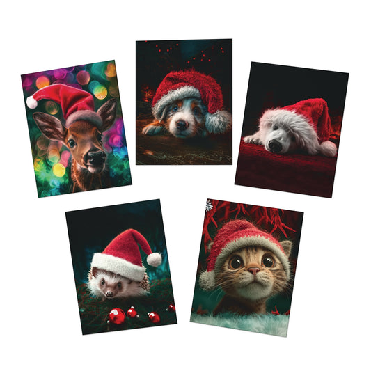 Adorable Animal Christmas Card Set – Puppy, Kitten, Fawn, Polar Bear & Hedgehog in Santa Hats