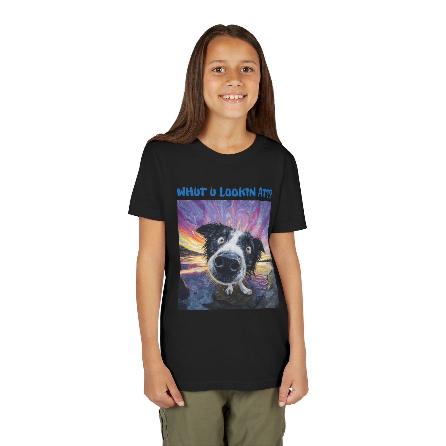 Whut U Lookin At!? Goofy Border Collie Sarcastic Youth Short Sleeve Tee
