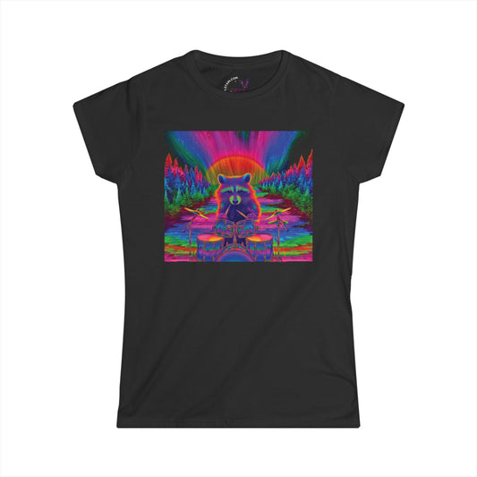 Trippy Raccoon Musician Shirt – Women’s Softstyle Festival Tee, Acid Art Aesthetic